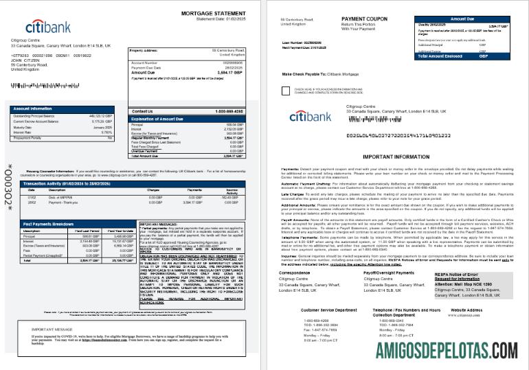 Extrato de hipoteca do Citibank Bank do Reino Unido em formatos Word e PDF 1 2 baixar para verificação